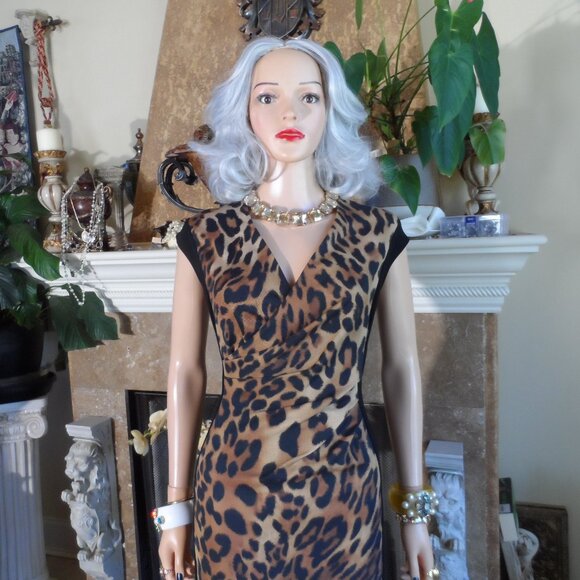 Escada Black & Brown Leopard Print Ruched Surplice Sheath Dress Size EU 38- US 8 - Picture 7 of 16